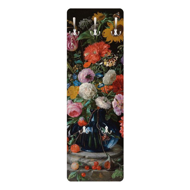 Klädhängare vägg färgglada Jan Davidsz de Heem - Tulips, a Sunflower, an Iris and other Flowers in a Glass Vase on the Marble Base of a Column