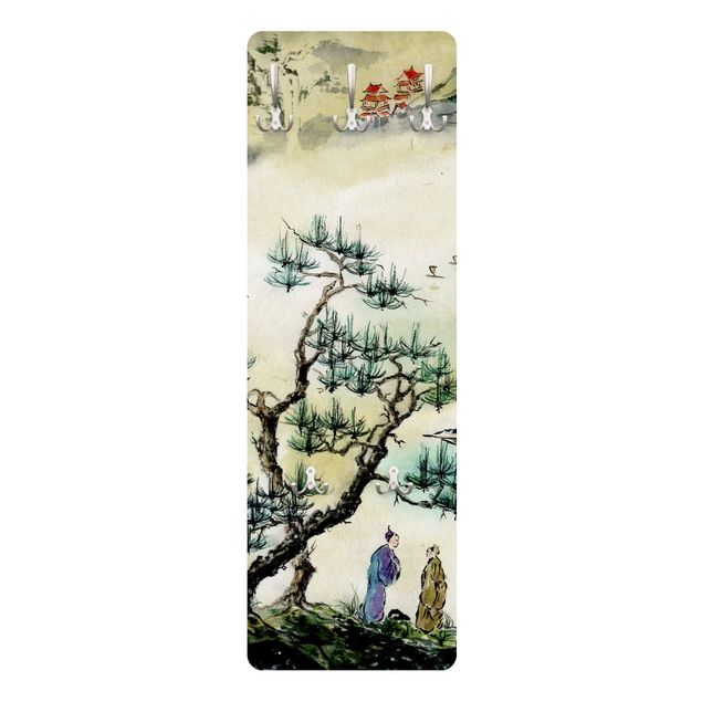Klädhängare vägg Japanese Watercolour Drawing Pine And Mountain Village