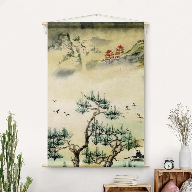 Modern väggbonad Japanese Watercolour Drawing Pine Tree And Mountain Village