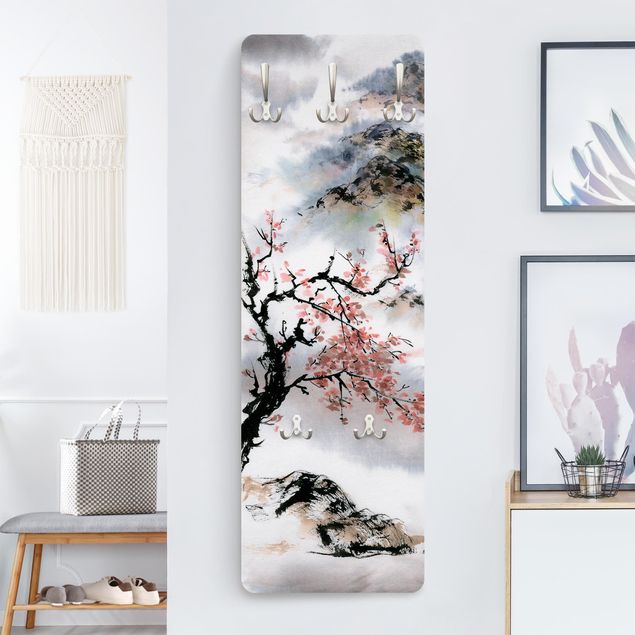 Klädhängare vägg blommor  Japanese Watercolour Drawing Cherry Tree And Mountains