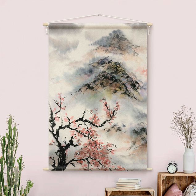 Väggbonad skog Japanese Watercolour Drawing Cherry Tree And Mountain
