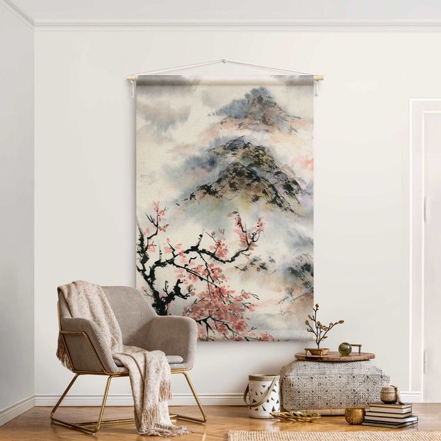 Kök dekoration Japanese Watercolour Drawing Cherry Tree And Mountain