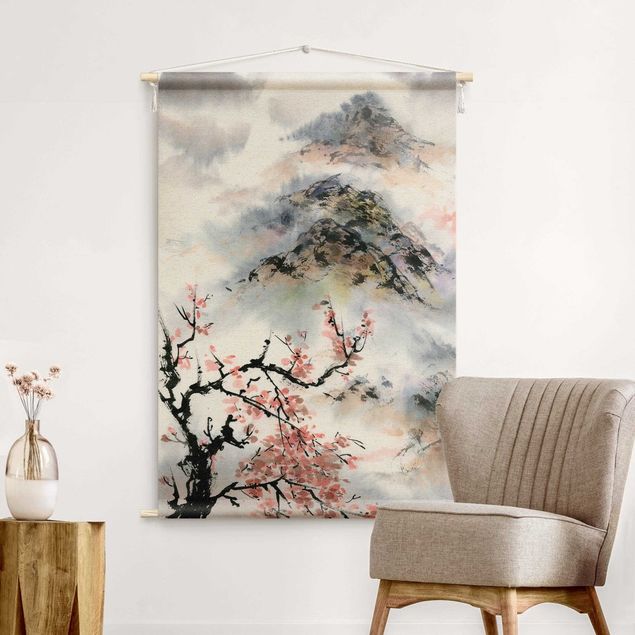 Väggbonad natur Japanese Watercolour Drawing Cherry Tree And Mountain