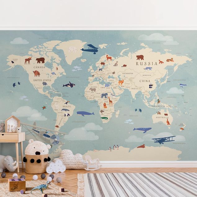 Tapeter vintage Map With With Animals Of The World