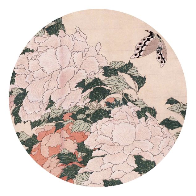Konstutskrifter Katsushika Hokusai - Pink Peonies With Butterfly