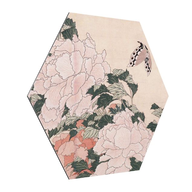 Tavlor blommor Katsushika Hokusai - Pink Peonies With Butterfly