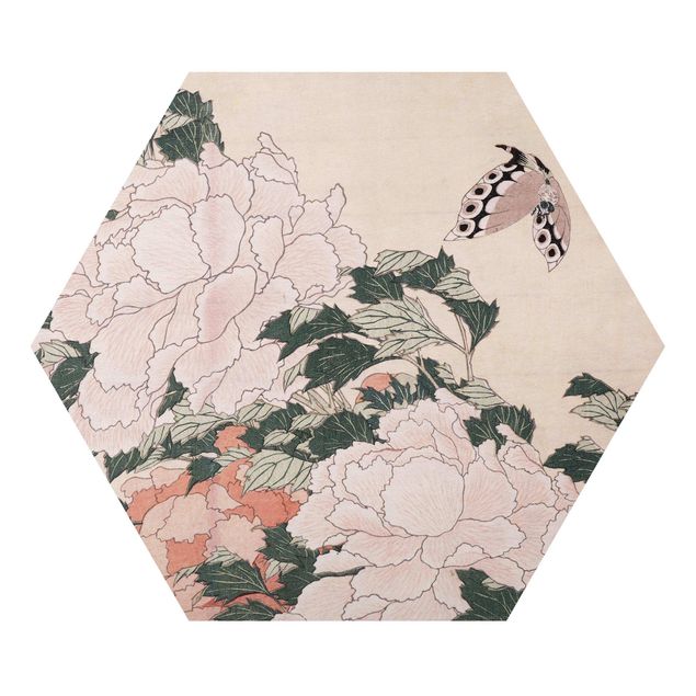 Tavlor blommor  Katsushika Hokusai - Pink Peonies With Butterfly