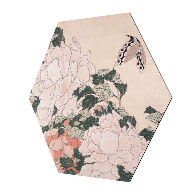 Tavlor konstutskrifter Katsushika Hokusai - Pink Peonies With Butterfly