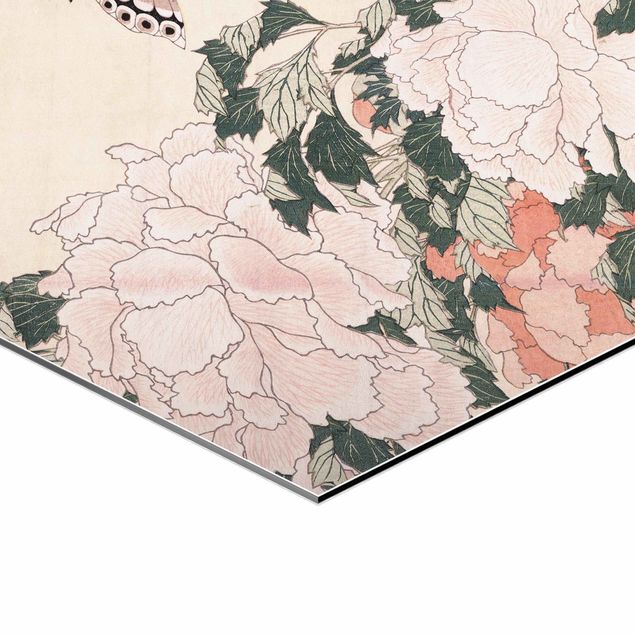 Tavlor rosa Katsushika Hokusai - Pink Peonies With Butterfly