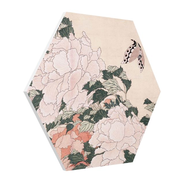 Tavlor blommor Katsushika Hokusai - Pink Peonies With Butterfly