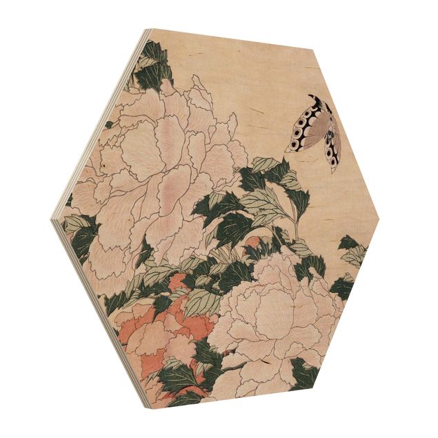 Trätavlor blommor  Katsushika Hokusai - Pink Peonies With Butterfly