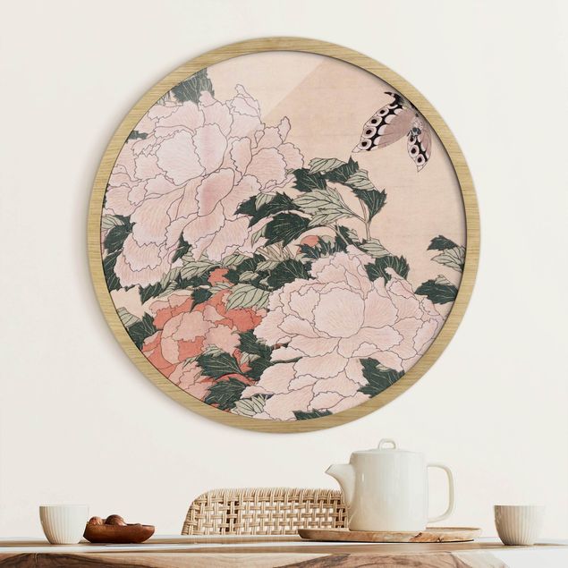 Tavlor med ram konstutskrifter Katsushika Hokusai - Pink Peonies With Butterfly