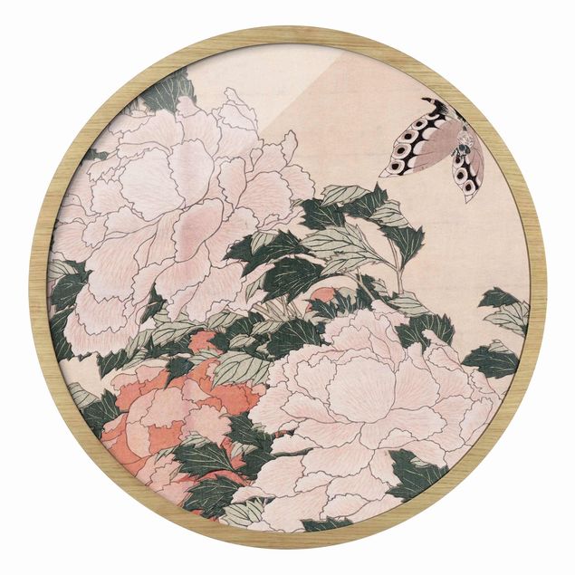 Tavlor med ram blommor  Katsushika Hokusai - Pink Peonies With Butterfly