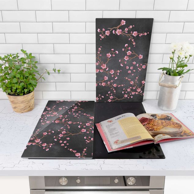 Spistäckplattor blommor  Cherry Blossoms On Black