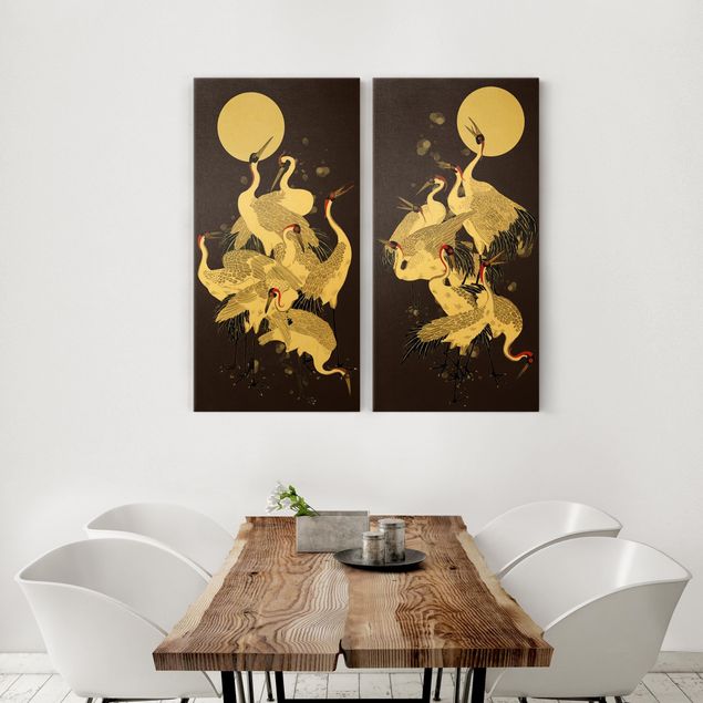 Canvastavlor djur Cranes In Front Of Moon Duo
