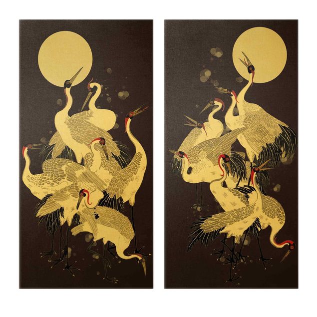 Tavlor svart och vitt Cranes In Front Of Moon Duo
