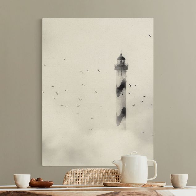 Canvastavlor fåglar Lighthouse In The Fog