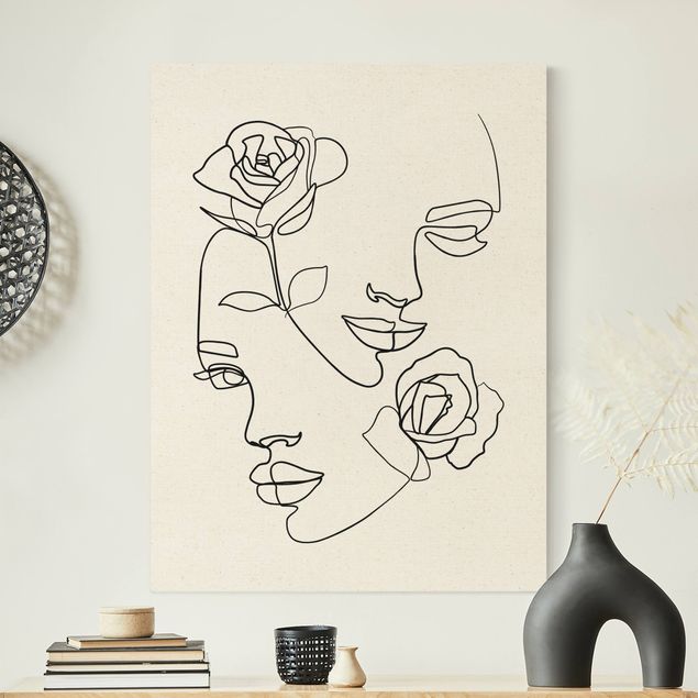 Canvastavlor rosor Line Art Faces Women Roses Black And White
