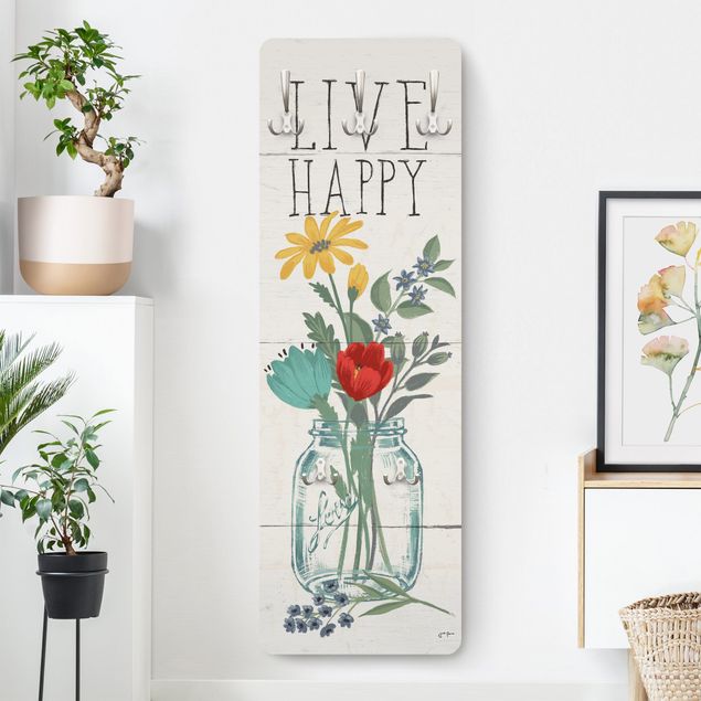 Klädhängare vägg blommor  Live Happy - Flower vase on wood