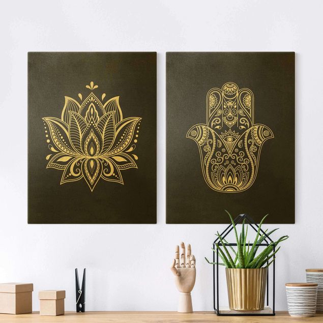 Canvastavlor mönster Lotus Illustration And Hamsa Hand Set