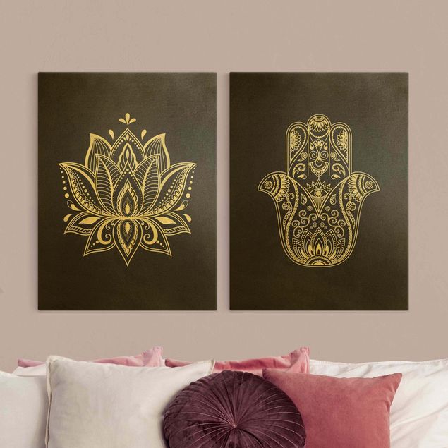 Tavlor svart Lotus Illustration And Hamsa Hand Set