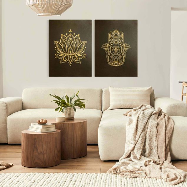 Canvastavlor andlig Lotus Illustration And Hamsa Hand Set