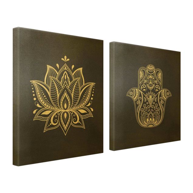 Canvastavlor Lotus Illustration And Hamsa Hand Set