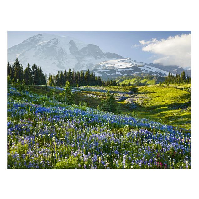 Tavlor träd Mountain Meadow With Blue Flowers in Front of Mt. Rainier