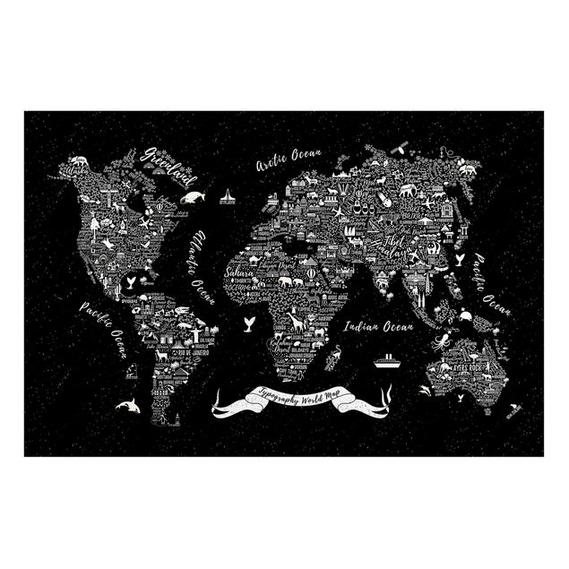 Magnettavla världskartor Typography World Map Black