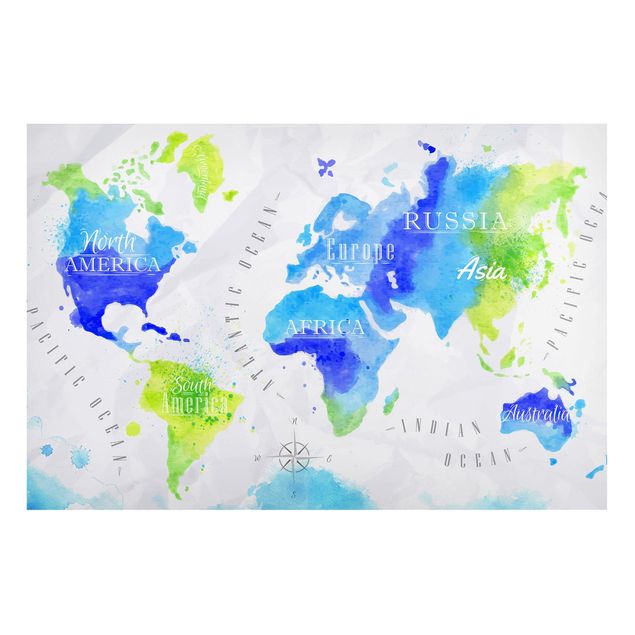Magnettavla världskartor World Map Watercolour Blue Green