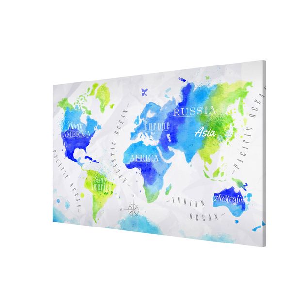 Tavlor världskartor World Map Watercolour Blue Green