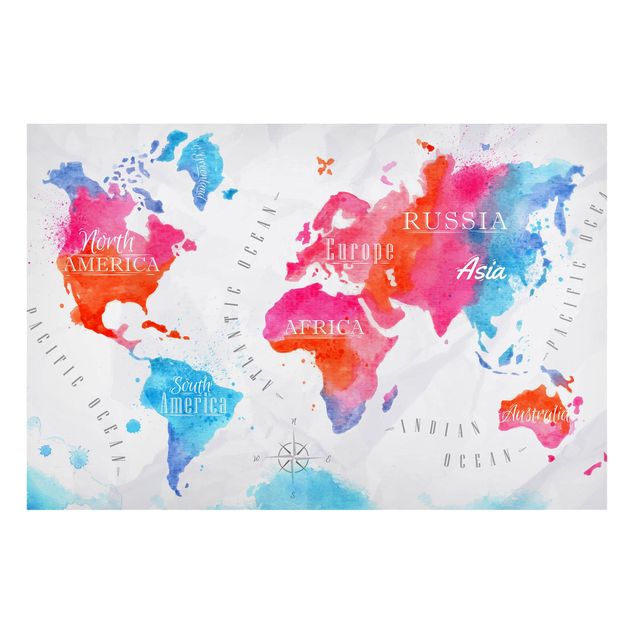 Magnettavla världskartor World Map Watercolour Red Blue