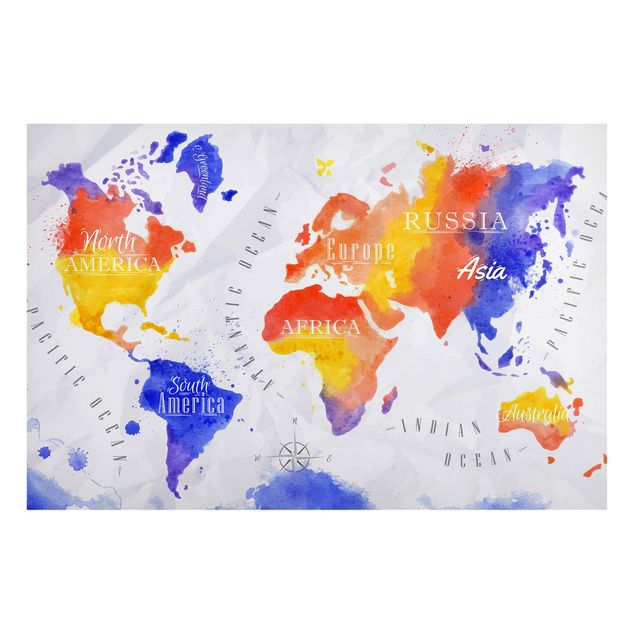 Magnettavla världskartor World Map Watercolour Purple Red Yellow