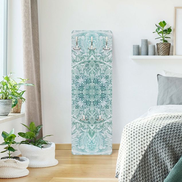 Klädhängare vägg träpanel - Mandala Watercolour Ornament Pattern Turquoise