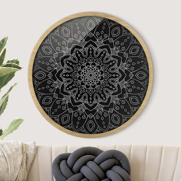 Runde Bilder mit Rahmen Mandala Flower Pattern Silver Black