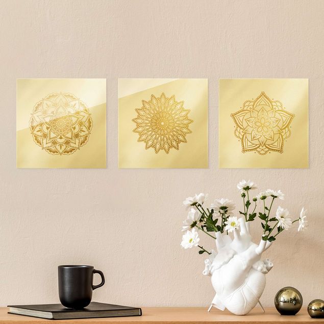Glastavlor andlig Mandala Flower Sun Illustration Set Gold