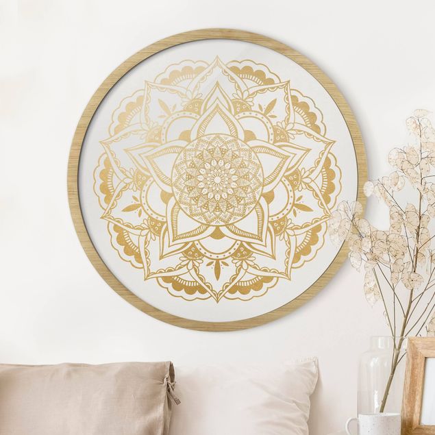 Runde gerahmte Bilder Mandala Flower Gold White