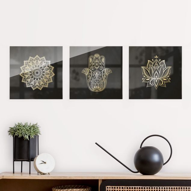 Kök dekoration Mandala Hamsa Hand Lotus Set On Black