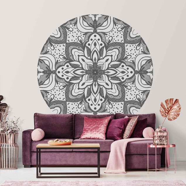 Kök dekoration Mandala With Grid And Dots In Grey
