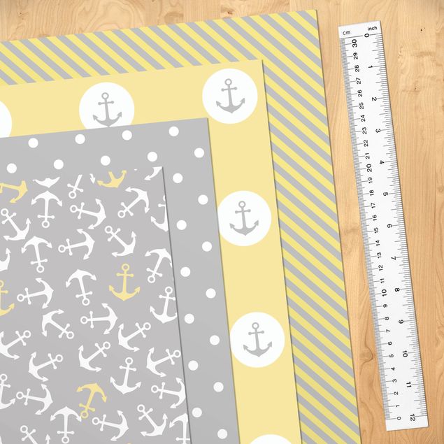 Möbelfolier skåp Maritime Pattern Set Stripes With Anchor, Stripes And Dots