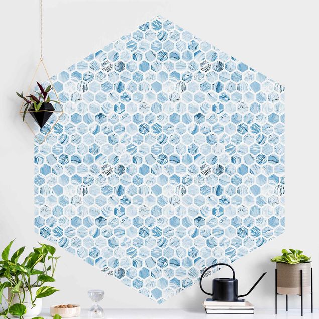 Fototapeter marmor utseende Marble Hexagons Blue Shades