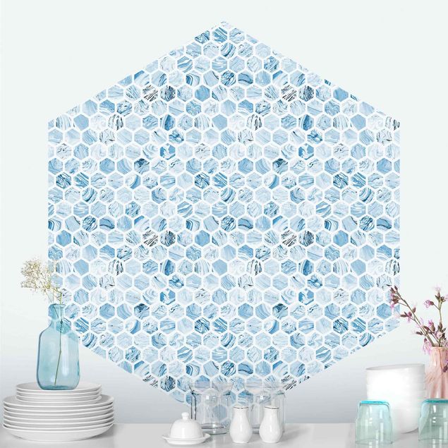 Tapeter geometrisk Marble Hexagons Blue Shades