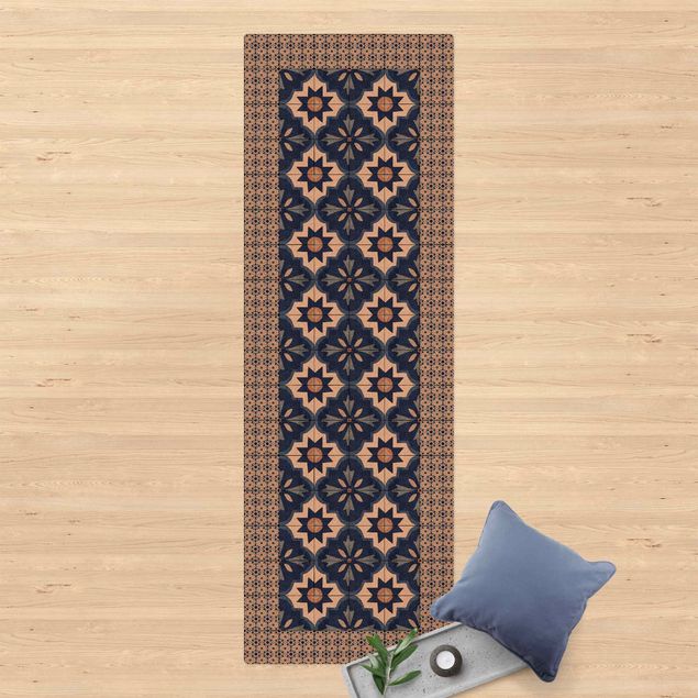 långa mattor Moroccan Tiles Watercolour Blue With Tile Frame