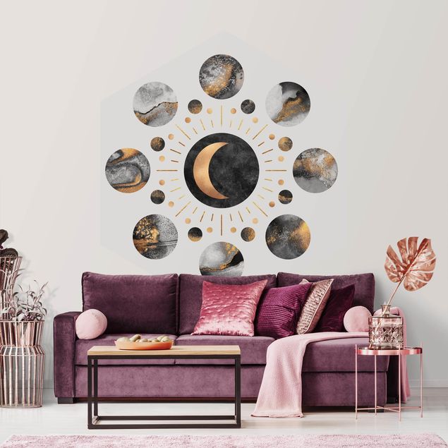 Hexagonala tapeter Moon Phases Abstract Gold