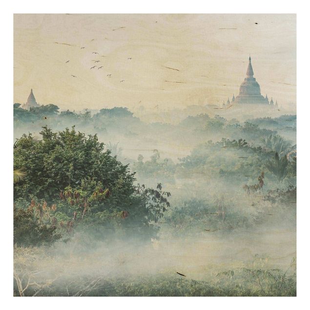 Trätavlor landskap Morning Fog Over The Jungle Of Bagan