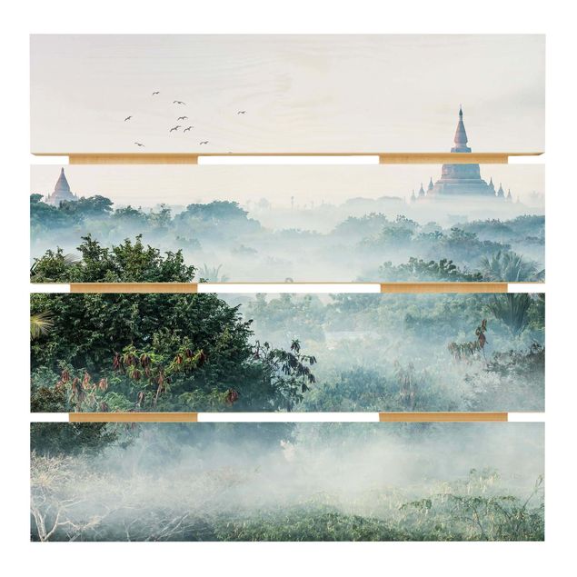 Trätavlor Morning Fog Over The Jungle Of Bagan