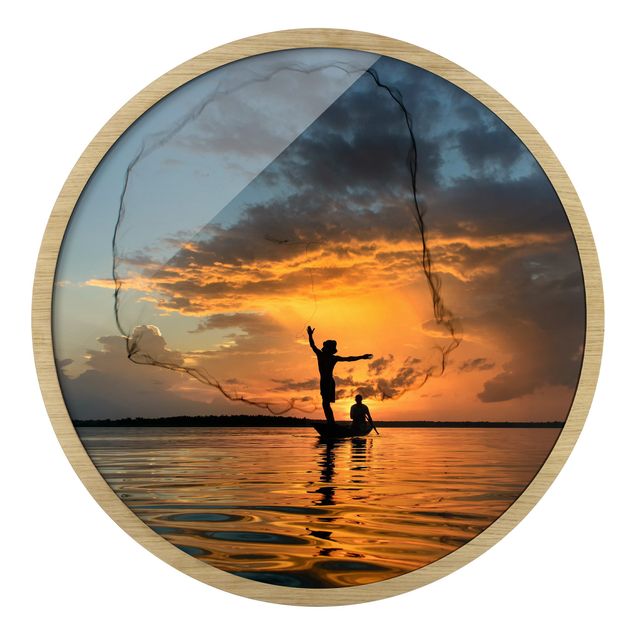 Tavlor med ram stränder Fishing Net At Sunset