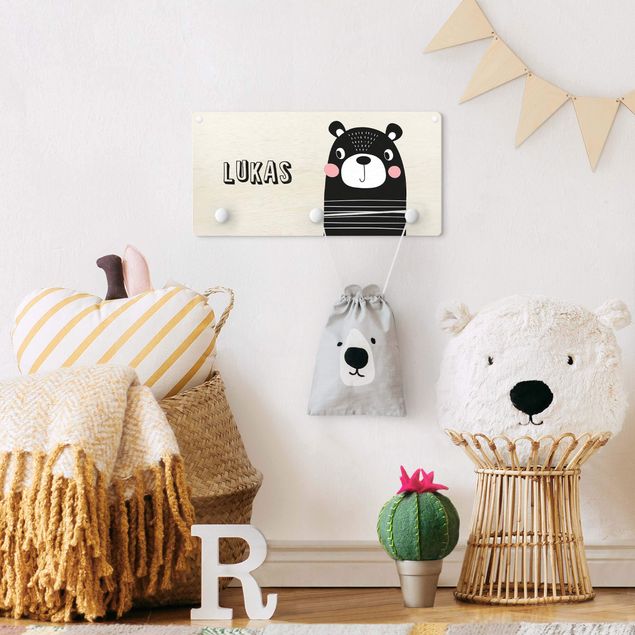 Klädhängare vägg svart och vitt Cute Striped Bear With Customised Name