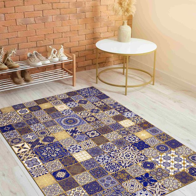 moderna mattor Oriental Tiles Blue With Golden Shimmer