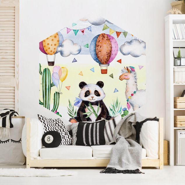 Hexagonala tapeter Panda And Lama Watercolour